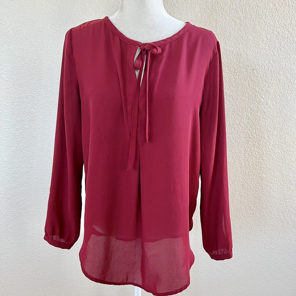 New York & Co Sz Small Maroon Red Long Sleeve Tie Neck Sheer Career Top Blouse